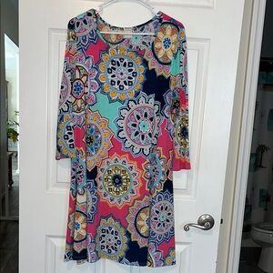 Hershe Blue and Pink Long Sleeve A-line Dress